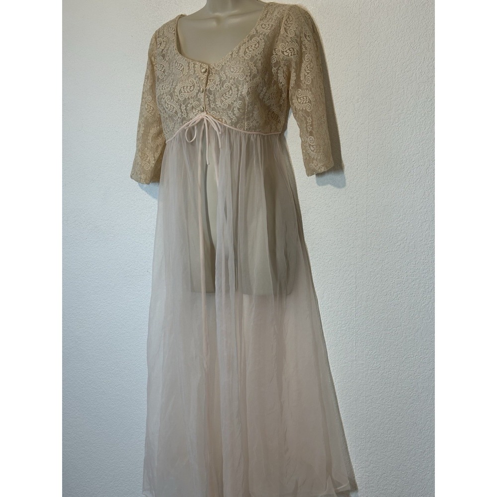 Vtg Lisette By Al Sterling Open Robe Nightgown Beige Lace Top Pink Chiffon 36 - Picture 3 of 8